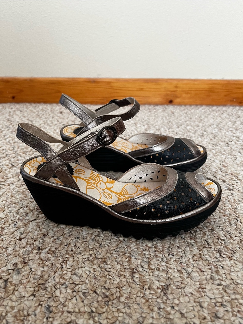 Fly London Black and Metallic Bronze Wedge Sandals 38